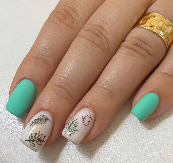 Green Summer Nails with Palm Tree Design