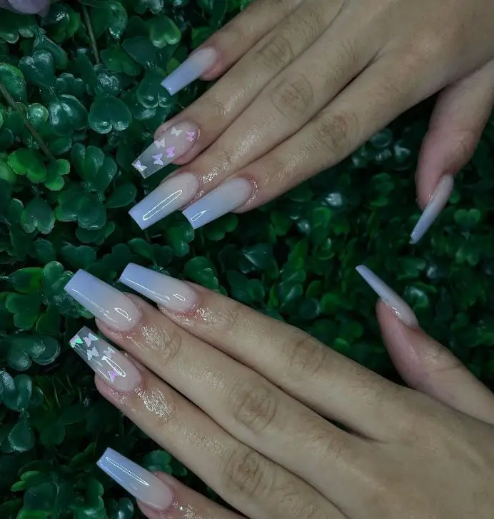 Lavender Ombre Coffin Nails With Butterflies