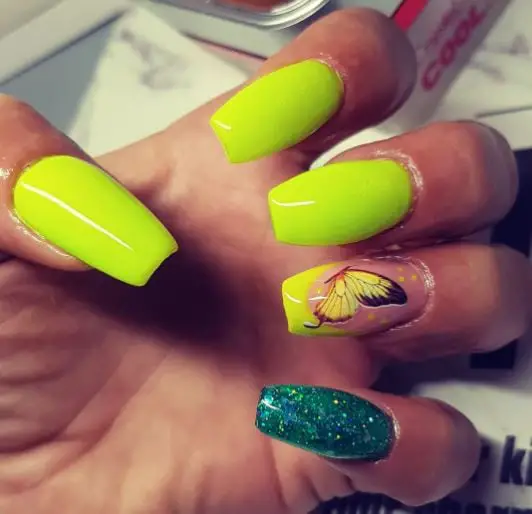 Lemon Green and Glitter Nails
