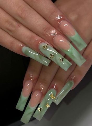 Long Square Green Marble Nails