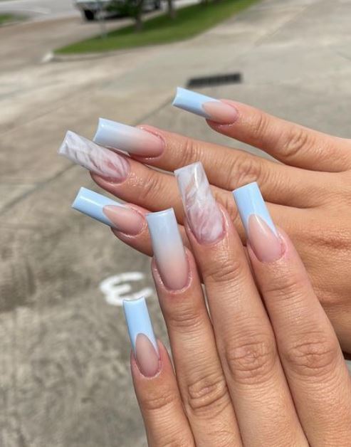 Long square nails with cloud effect