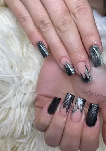 Magnetic Ignition Black and Silver Nail Design