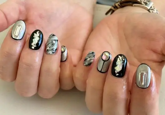 Marble Style Black and Silver Nails