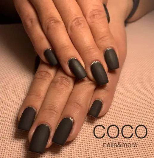 Matte Black Nails with Silver Glitter