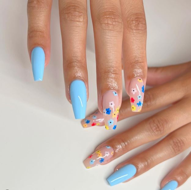Medium blue coffin nails with flowers