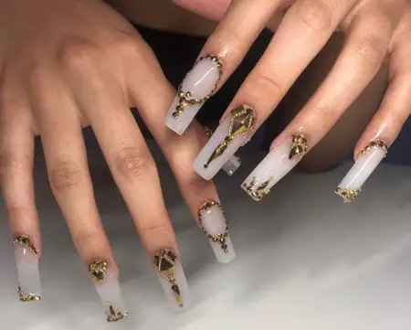 Milky White Nails with gold rhinestones