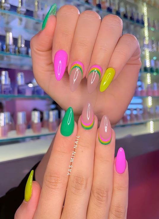 Neon Almond Spring Nails