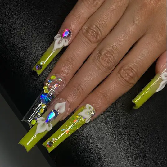 Neon Feminine Nails With Rhinestones