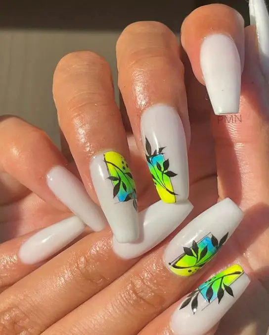 Neon and White Coffin Nails