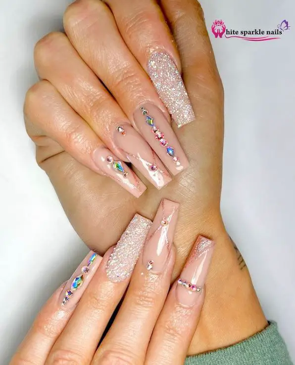 Nude Rhinestones Coffin Nails