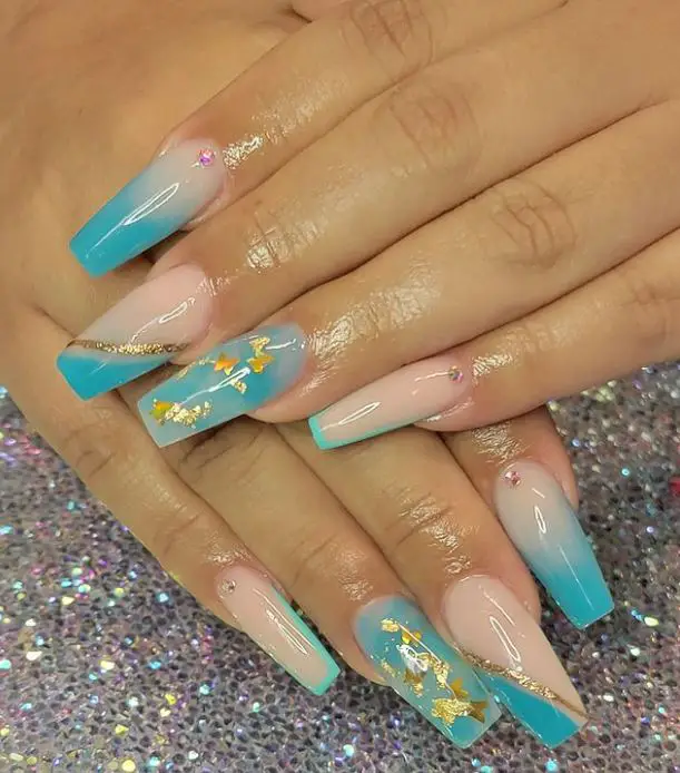 Nude and Baby Blue Coffin Nails