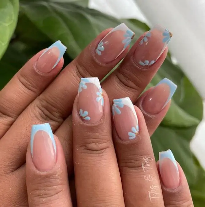 Nude and Blue Coffin Nails