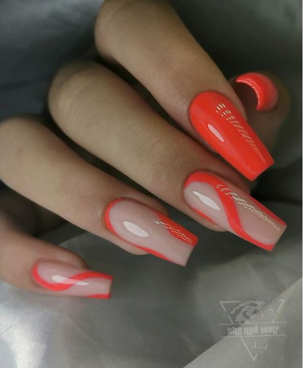 Nude and Orange Coffin Nails