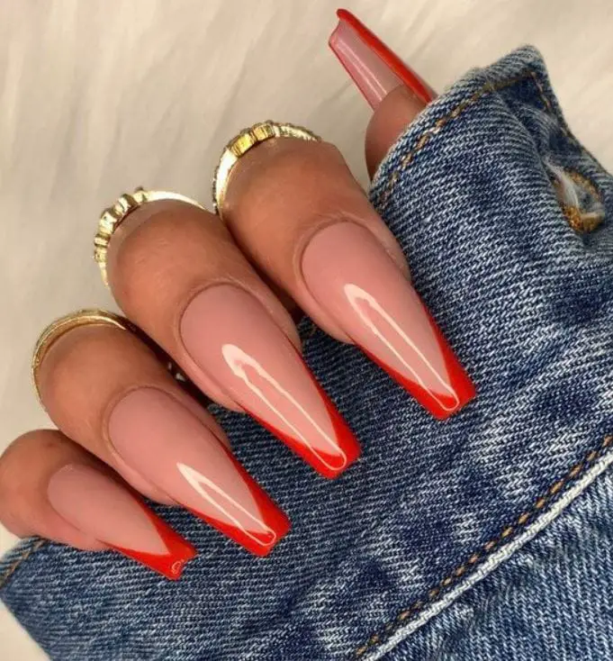 Nude and Red Coffin Nails
