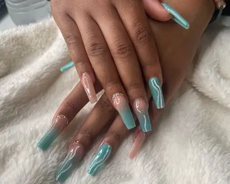 Nude and Teal Acrylic Nail Design