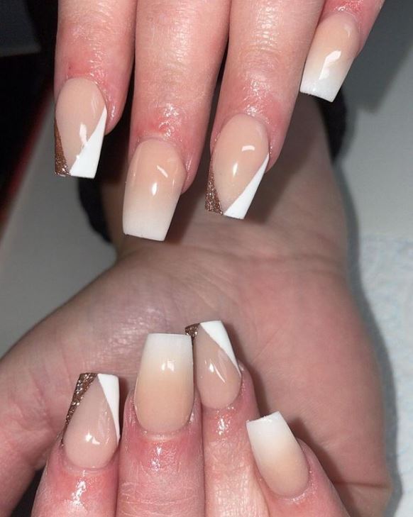 Nude and White Coffin Nails