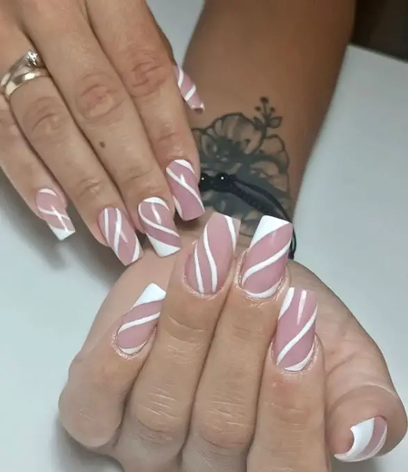 Nude and White Coffin Nails With Lines