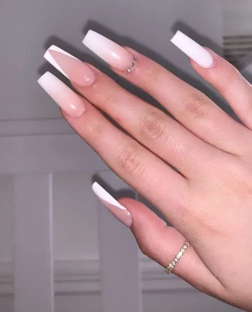 Nude and White Ombre Coffin Nails