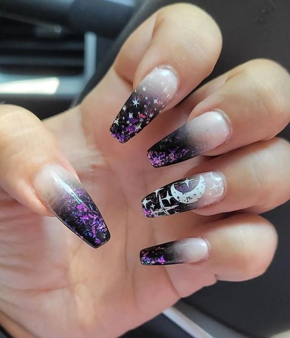 Ombre Purple and Black Coffin Nails