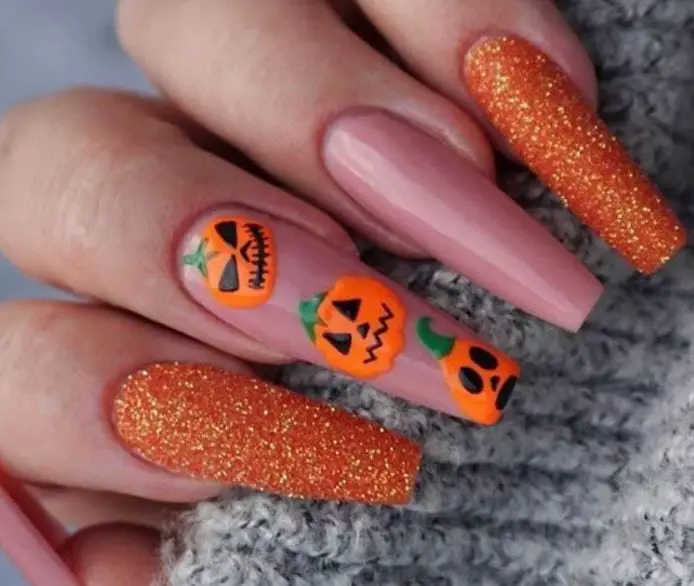 Orange Halloween Coffin Nails