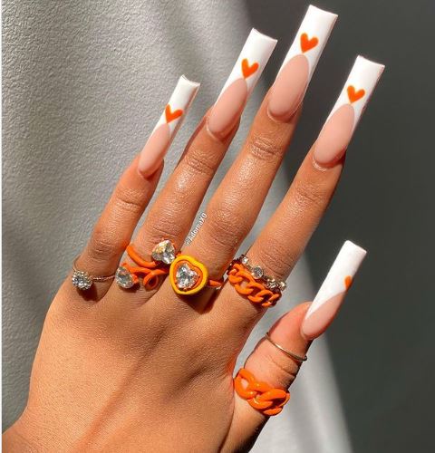 Orange Hearts nail design