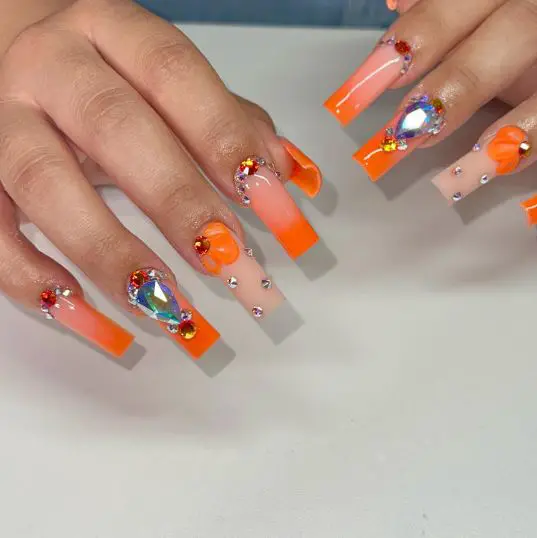 Orange Ombre Nails With Large Crystal Rhinestone