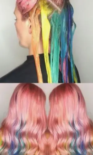 Pastel rainbow peekaboo pink hair