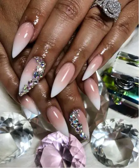 Peachy Almond Nails With Rhinestone