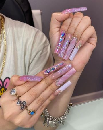 Pink Baddie Nails With Jewels