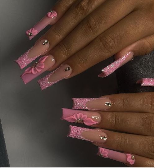 Pink Long Glitter Nails