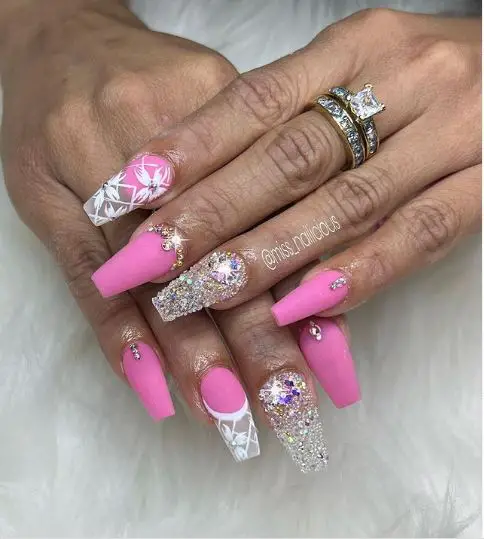 Pink Matte Nails With Rhinestones