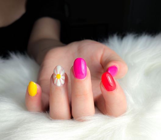 Pink, Red, and Yellow Bright Nails
