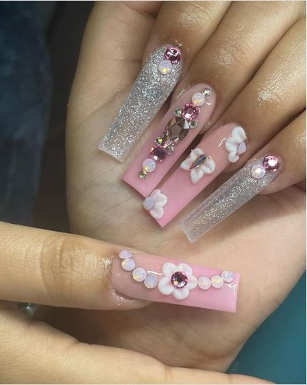 Pink With Silver Nails And 3D Arts