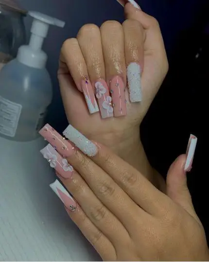 Pink and Ivory with 3D Flower Nails