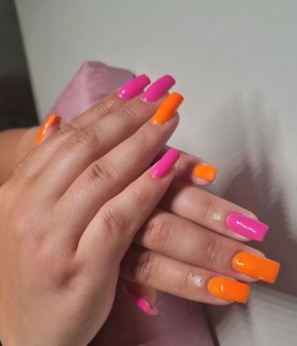 Pink and Orange Square Bright Summer Nails