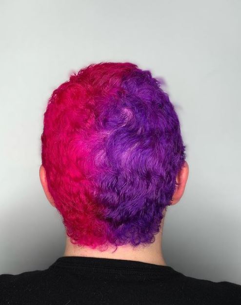 Pink and Purple Split Color Combo on short curly hair