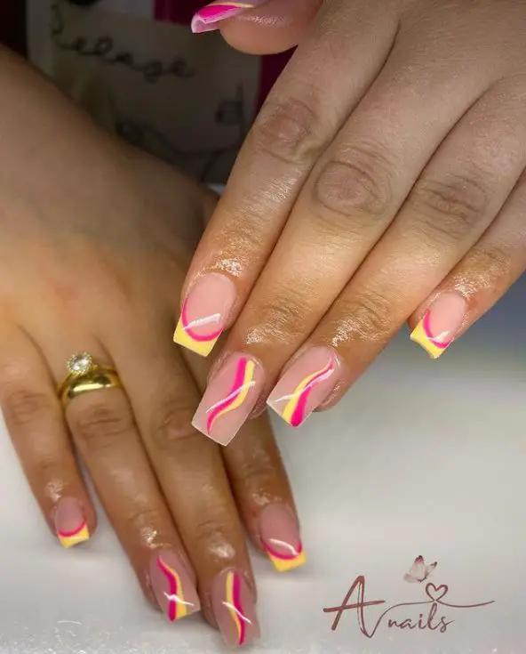 Pink and Yellow Coffin Nails
