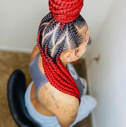 Red Stitch Braids With Bun Box Braids