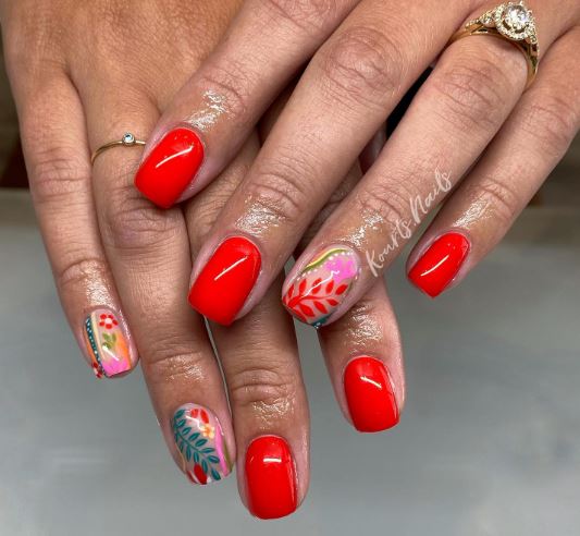 Red Summer Floral Bright Nail