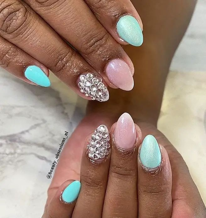 Short Almond Nails with Stones