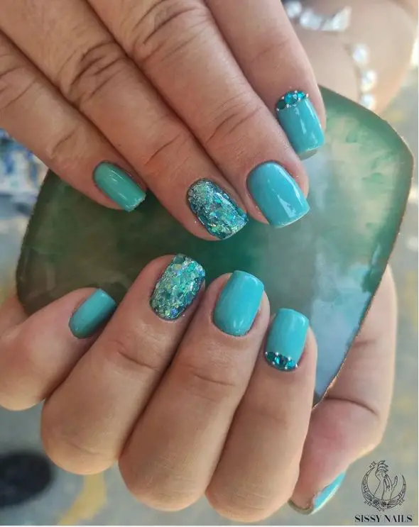 Short Turquoise Nails with Gemstones