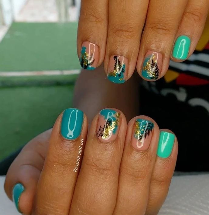 Short Turquoise Nails with Mint Design