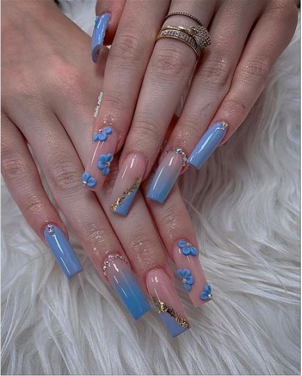 Skyblue and Nude Pink Nails With Flowers