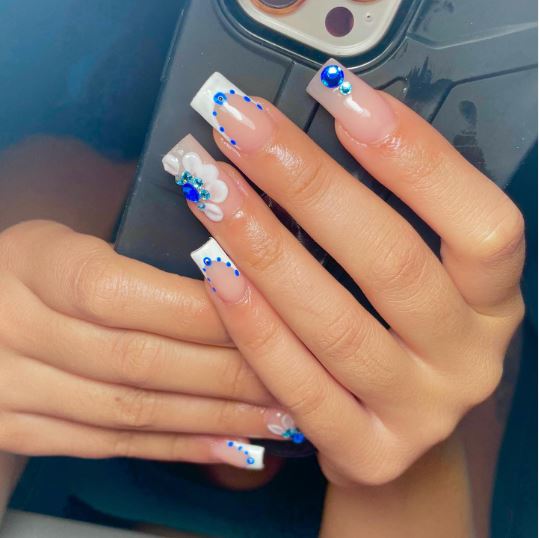 royal blue nails with rhinestones