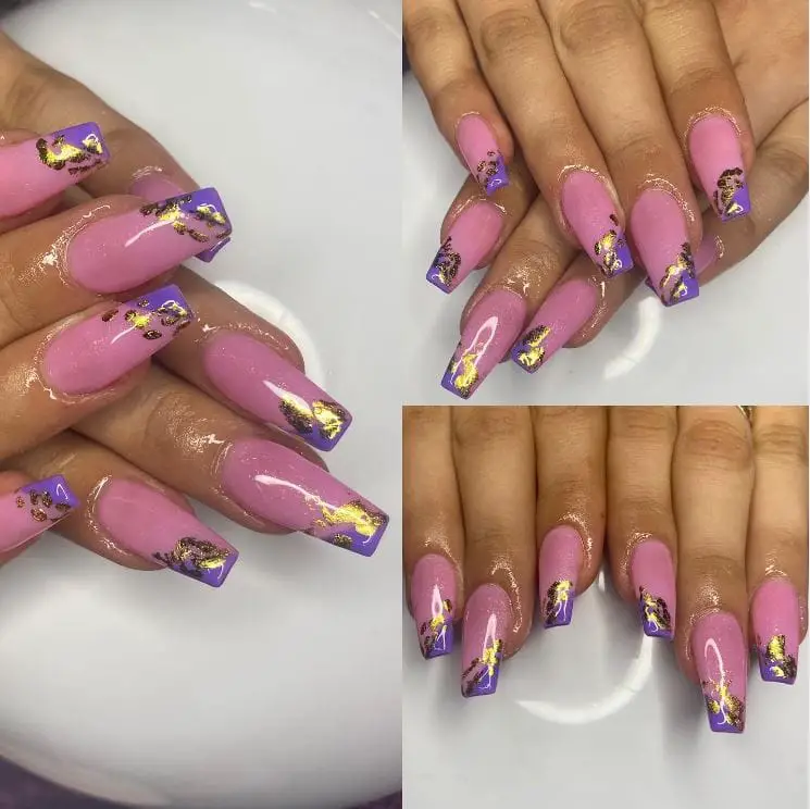 Taffy and Purple Coffin Nails with Gold Foil