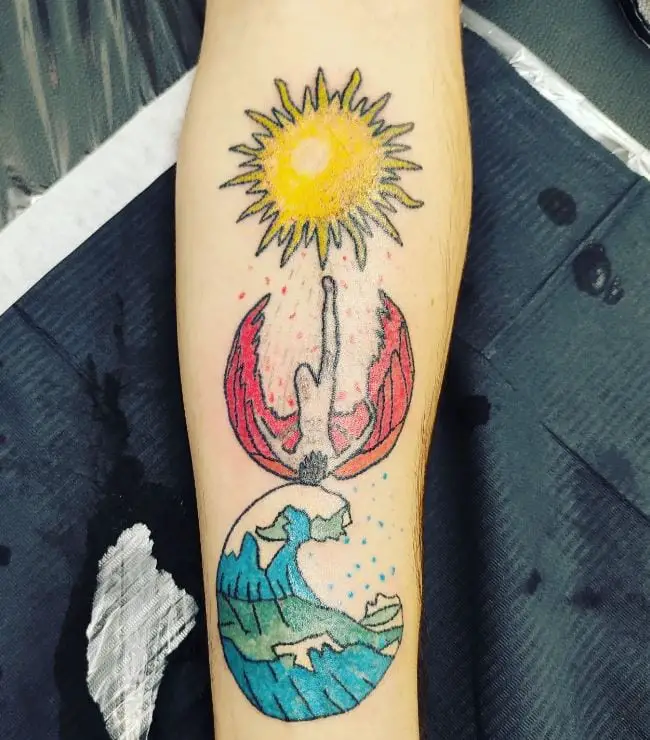colorful tattoo of The Fall of Icarus