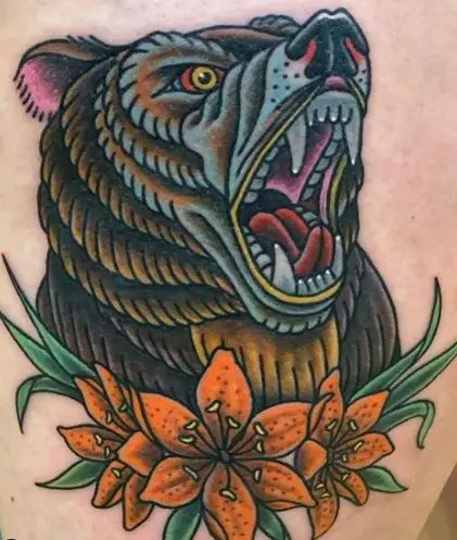 Traditional Colorful Bear Head Tattoo