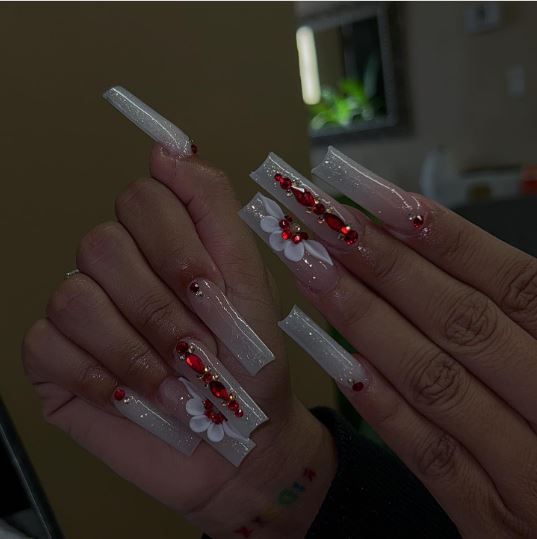 Transparent Nails With Red Rhinestones