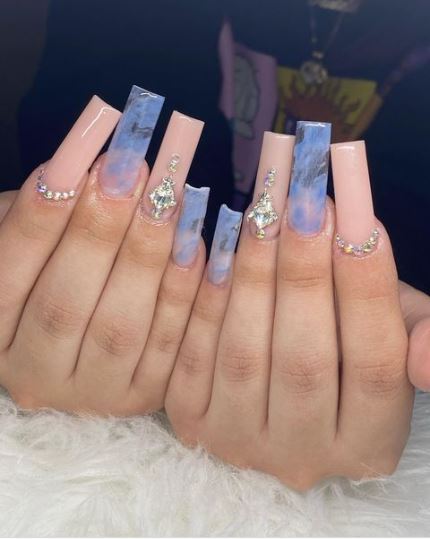 Transparent Salmon Nails With Rhinestones