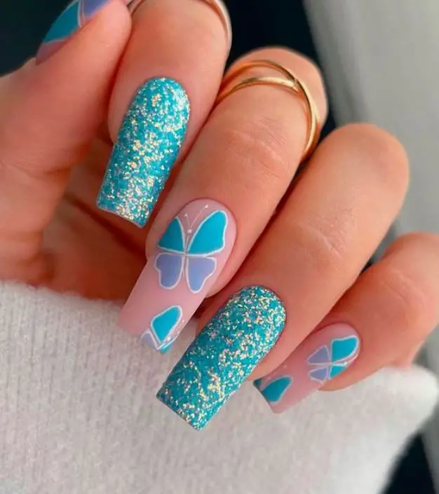 Turquoise Glitter Nails